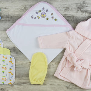 Bambini Hooded Towel, Wash Coths, Bath Mittens and Robe Layette Set