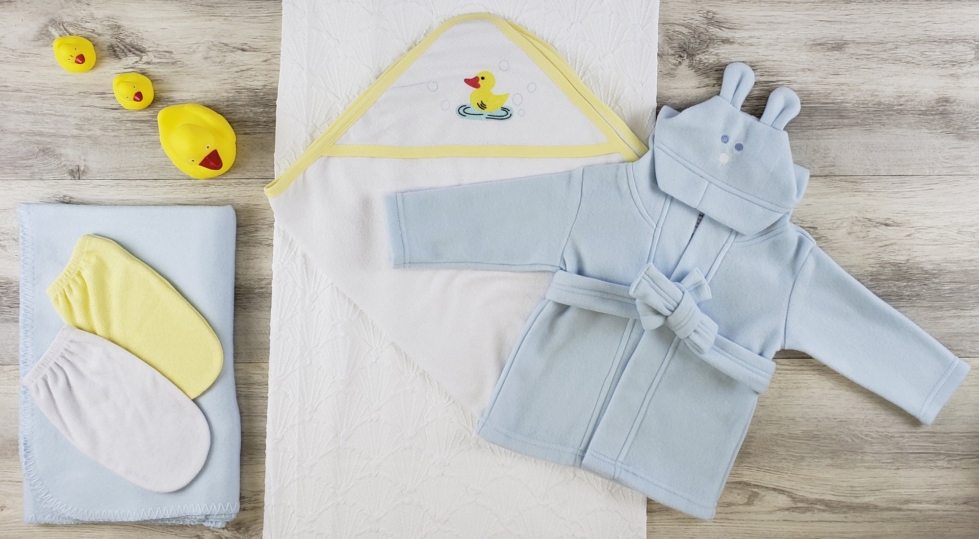 Cotton Bambini Hooded Towel, Bath Mittens, Blanket and Robe Layette Sets