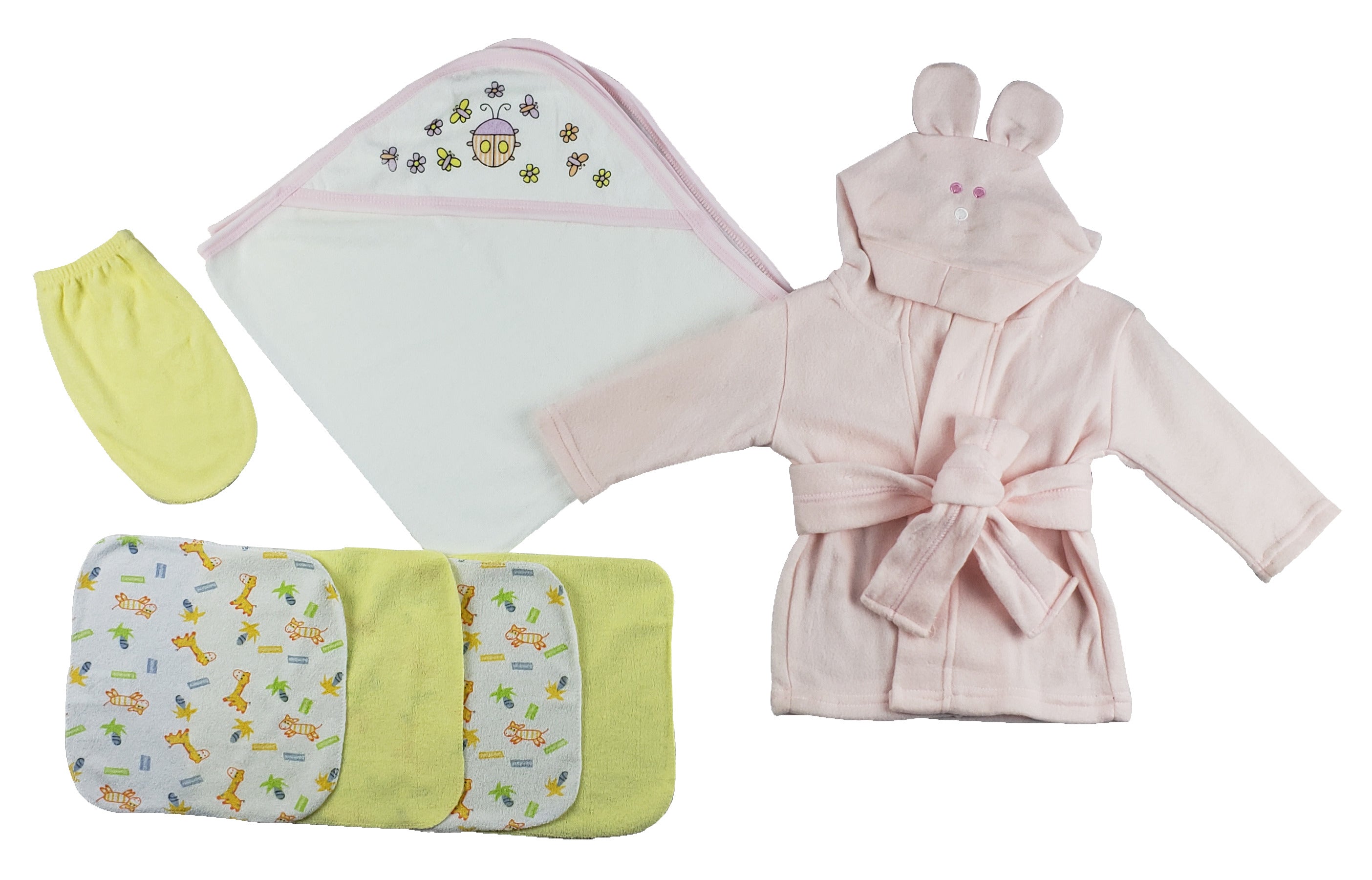 Pink Infant Robe, Hooded Towel, Washcloths and Hand Washcloth Mitt 7 Piece Set