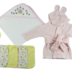 Pink Infant Robe, Hooded Towel, Washcloths and Hand Washcloth Mitt 7 Piece Set