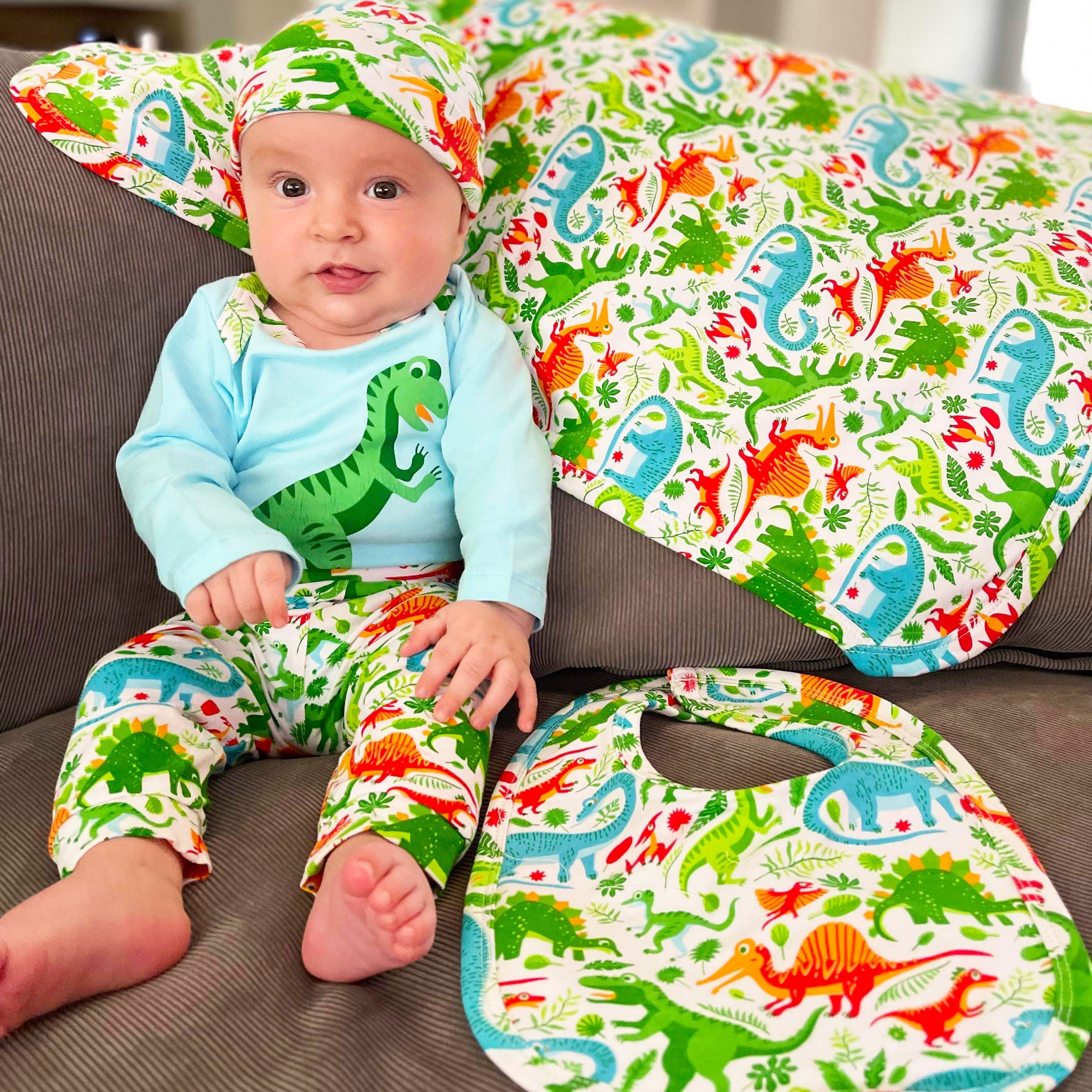 2 Pc Cotton Annloren Baby Boy Dinosaur Blanket & Bib Gift Set