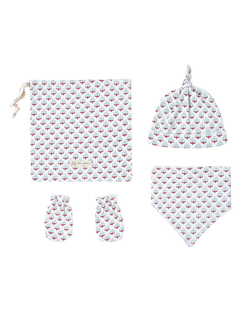 Organic Cotton Bandana Bib, Mitten, Hat Set Miami for Newborn