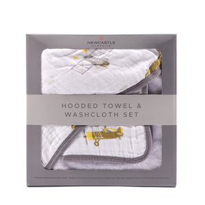 Flying Elephant Cotton Hooded Towel and Washcloth Set