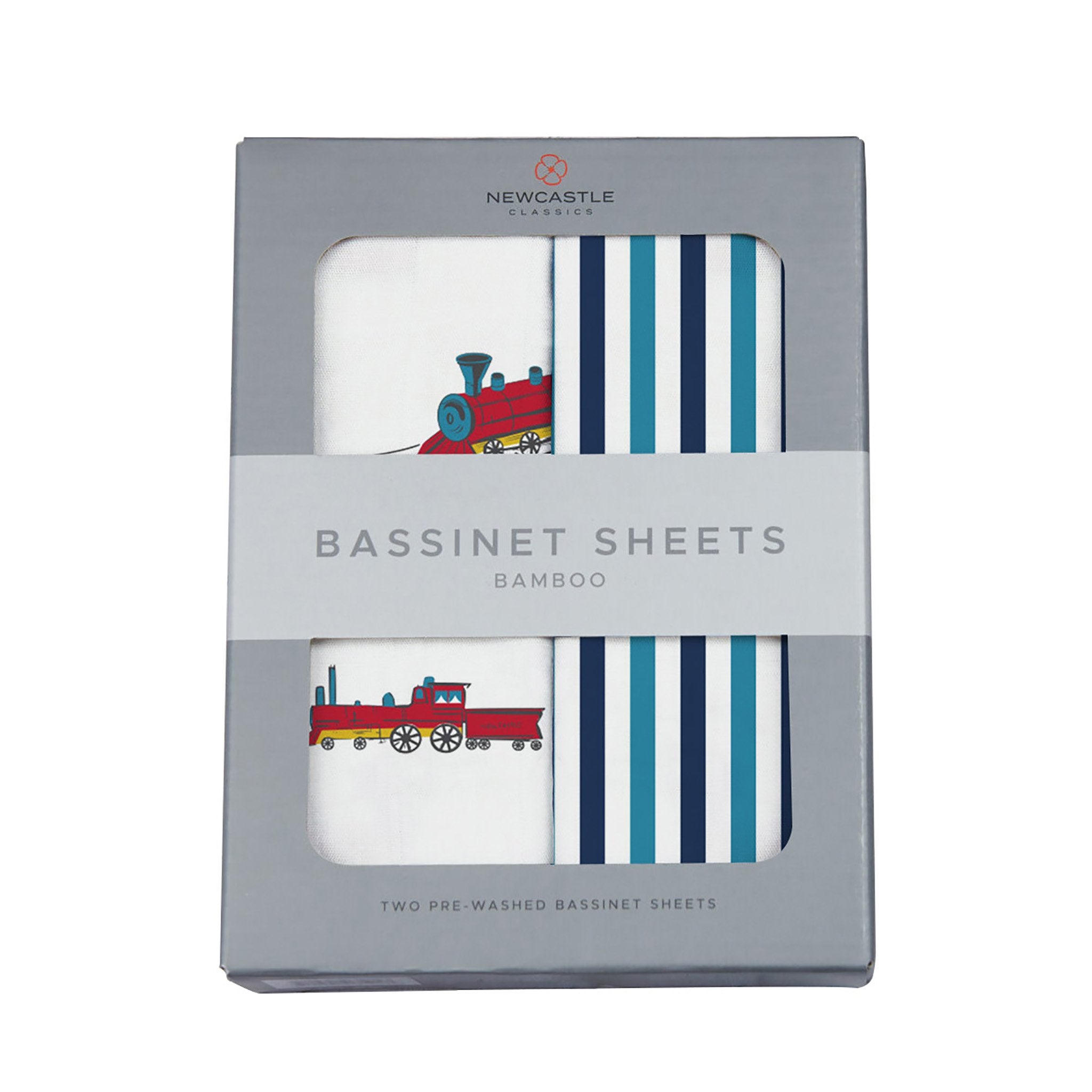 Vintage Steam Trains and Blue and White Stripe Bamboo Bassinet Sheets